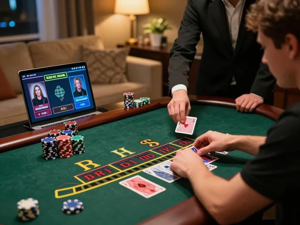 VA88 players engaging strategically at a live dealer blackjack table in a vibrant online casino.