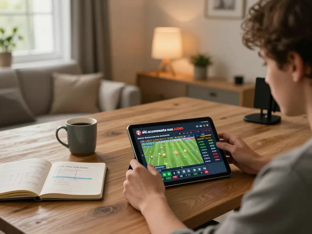 Persona che si impegna nelle scommesse online su siti scommesse non AAMS con quote sportive visualizzate su un tablet.