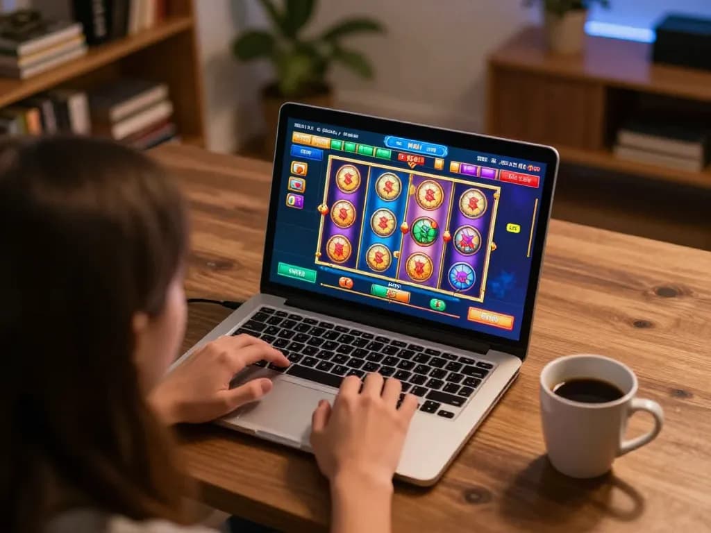 KP88 user enjoying an online slot game on a laptop in a cozy home environment