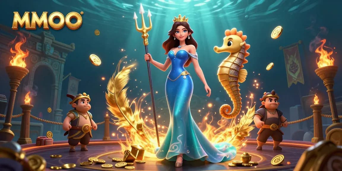 Win big with MMOO in a vibrant underwater casino scene featuring a trident-wielding seahorse and treasures.