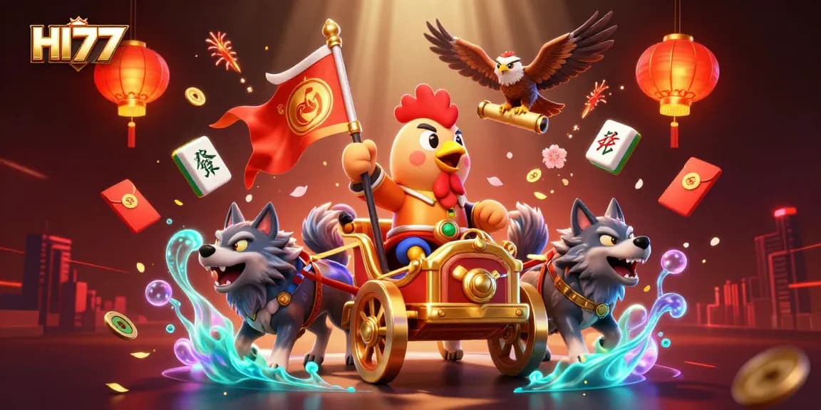 Experience high-stakes gaming in HI77 with a vibrant 3D rooster warlord scene amidst casino elements.