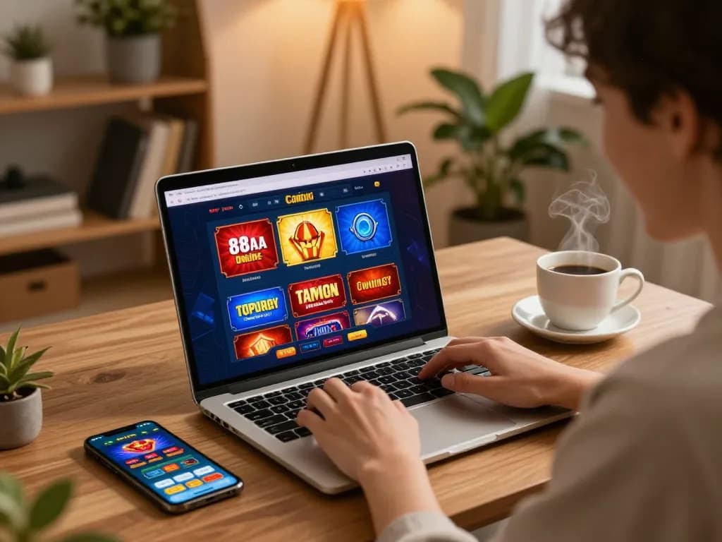 Player enjoys gaming at 88aa online casino on a laptop, cozy home environment with coffee and smartphone