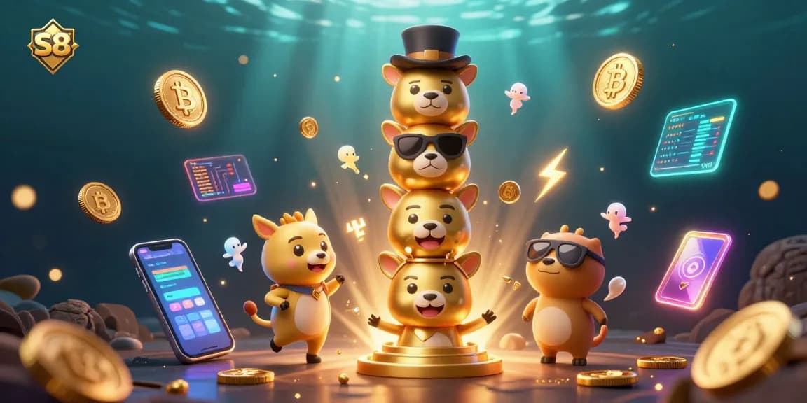 S8 interactive gaming experience showcasing vibrant animated totem with crypto coins.