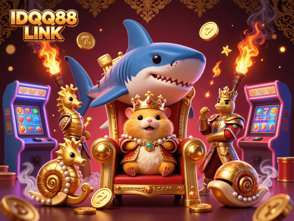 Engage with IDQQ88 LINK in an enchanting casino scene featuring a golden hamster king amidst vibrant gaming elements.