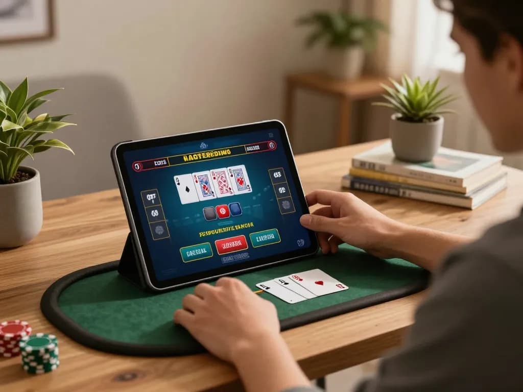 Engaged player at luck8 online casino, enjoying live dealer game on tablet with cozy home setup.