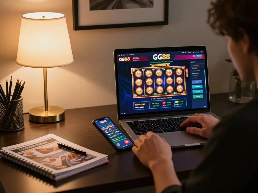 Engaging with gg88 online casino on a laptop while strategizing games at home