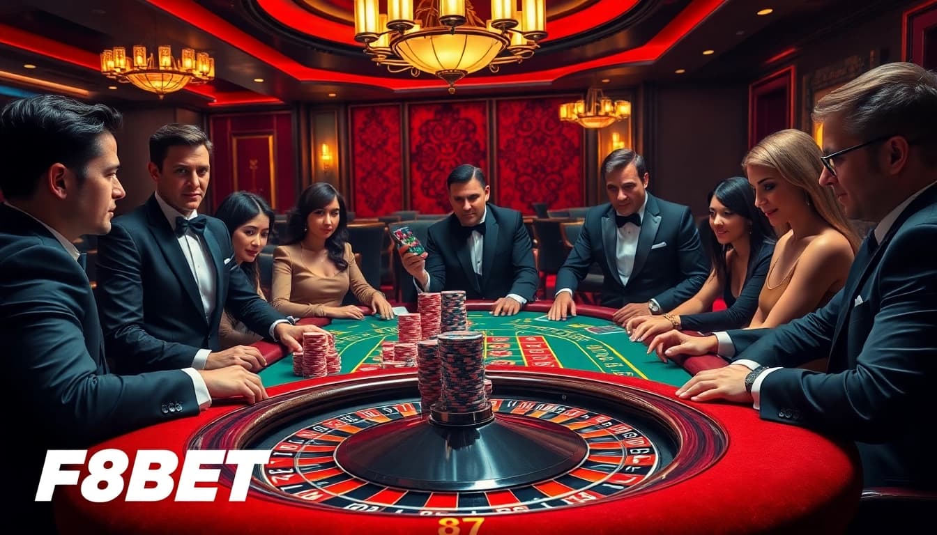 Players engaging in a high-stakes poker game at F8BET, showcasing excitement and luxury.