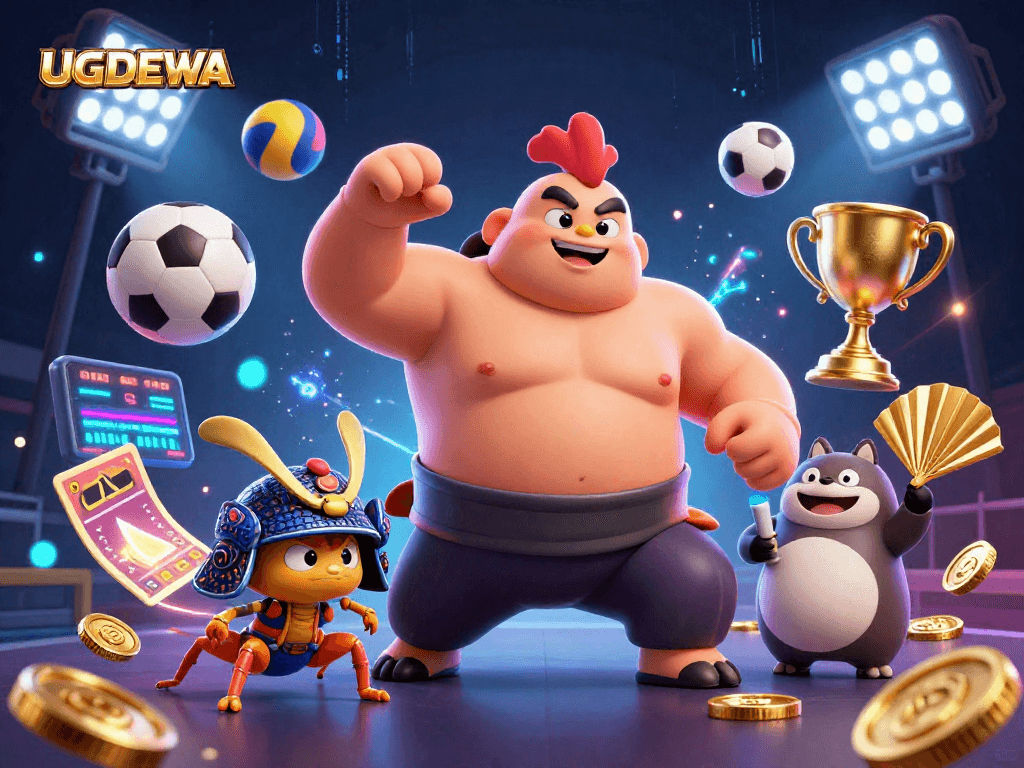 Experience the thrilling world of gambling with UGDEWA as sumo rooster and samurai cricket battle amidst vibrant sports elements.