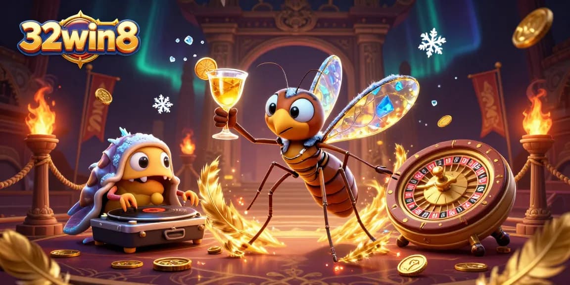 32win8 casino illustration with a frozen mosquito mascot, trilobite DJ, and ammonite roulette in a vibrant scene.