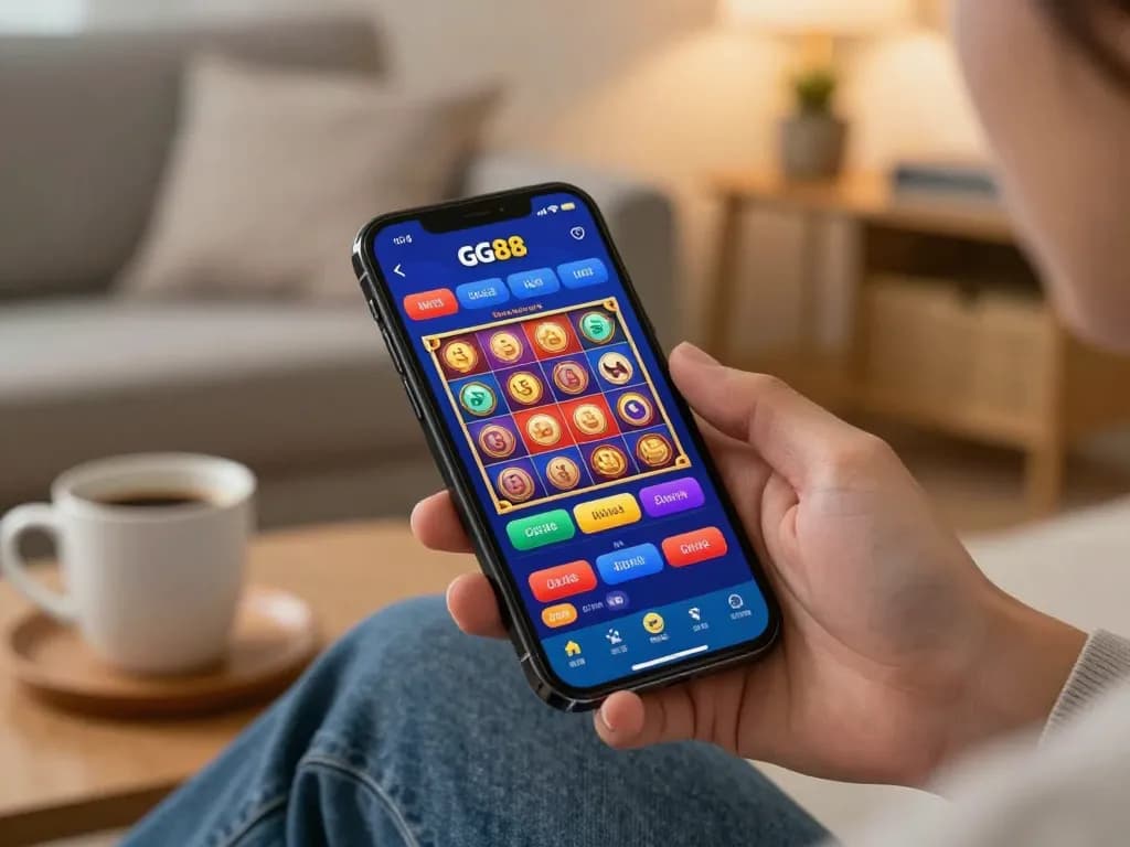 Engaging with GG88 online gambling app on smartphone showing vibrant slots, cozy atmosphere.