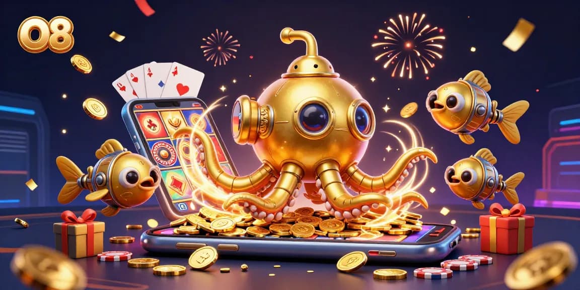 Spin the reels and win with O8's vibrant casino illustration featuring golden treasures and game elements.