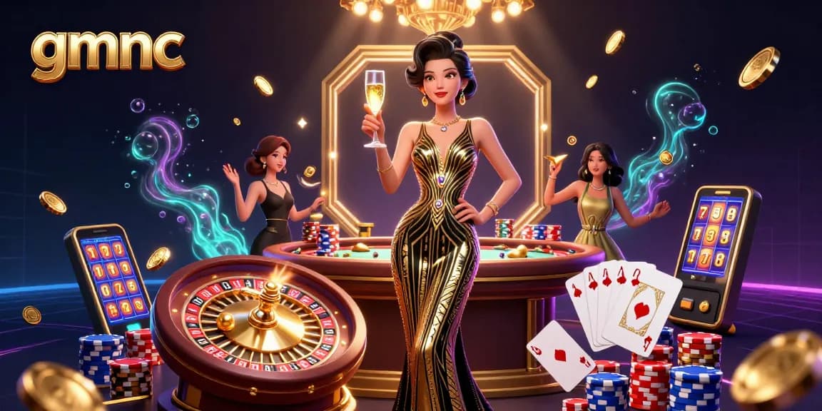 Experience the dazzling world of gmnc's casino scene with spinning roulette, scattered coins, and sparkling gems.