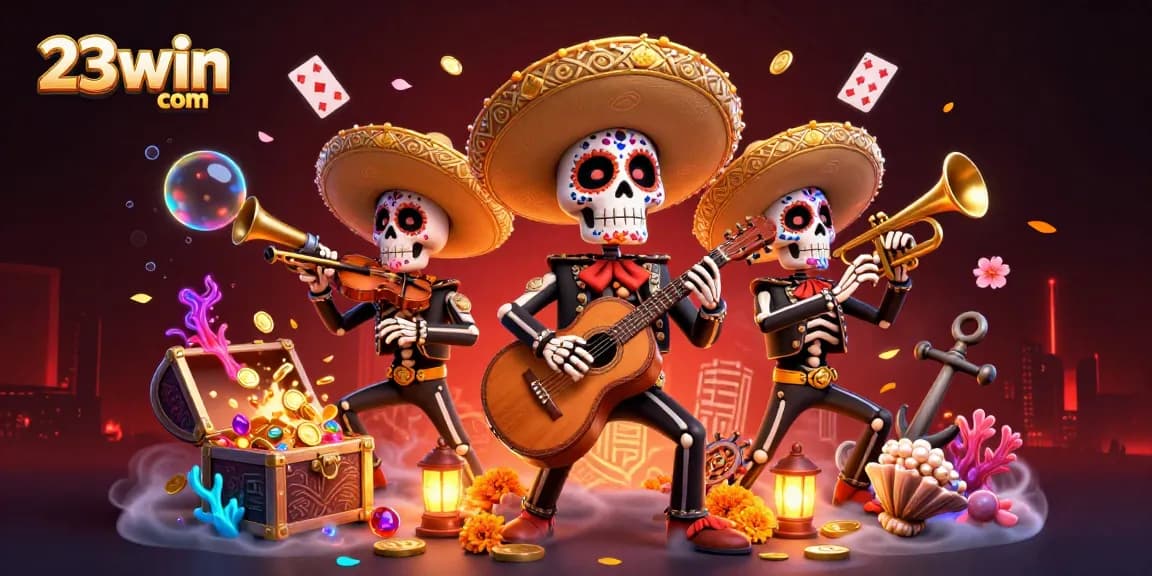 Experience thrilling gaming at 23win com with a colorful mariachi band amidst vibrant casino elements.