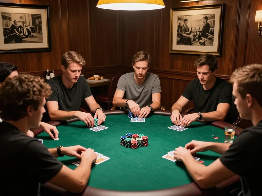 C204 poker game in private home setting with players strategic betting and colorful chips.