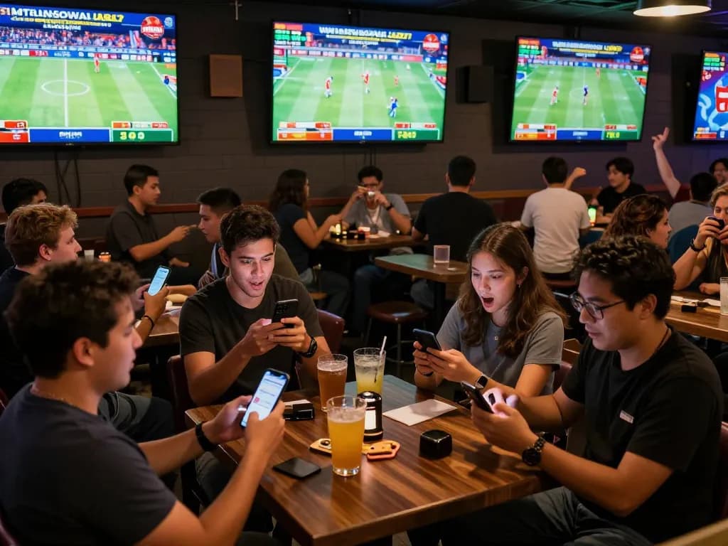 Fun88 users celebrating wins while placing online sports bets in a vibrant sports bar atmosphere.