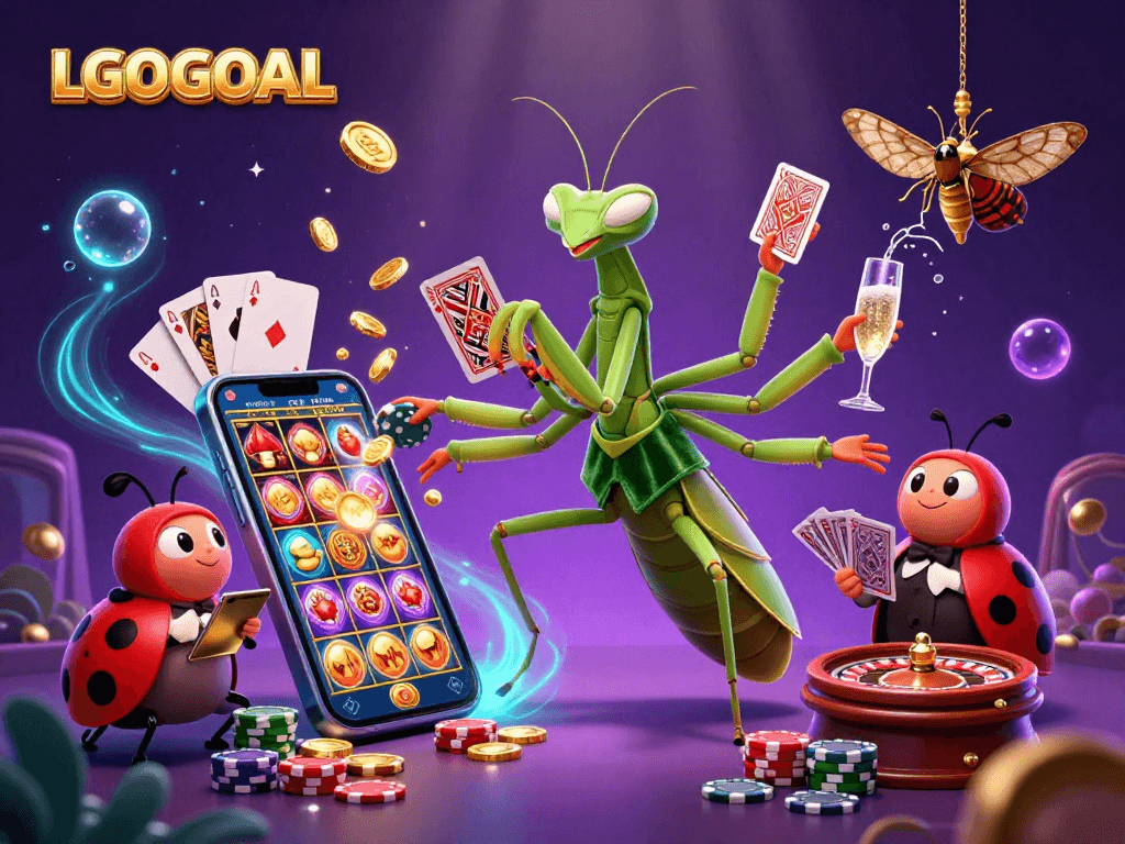 Experience thrilling gameplay with LGOGOAL's vibrant slots and casino games in a colorful 3D illustration.