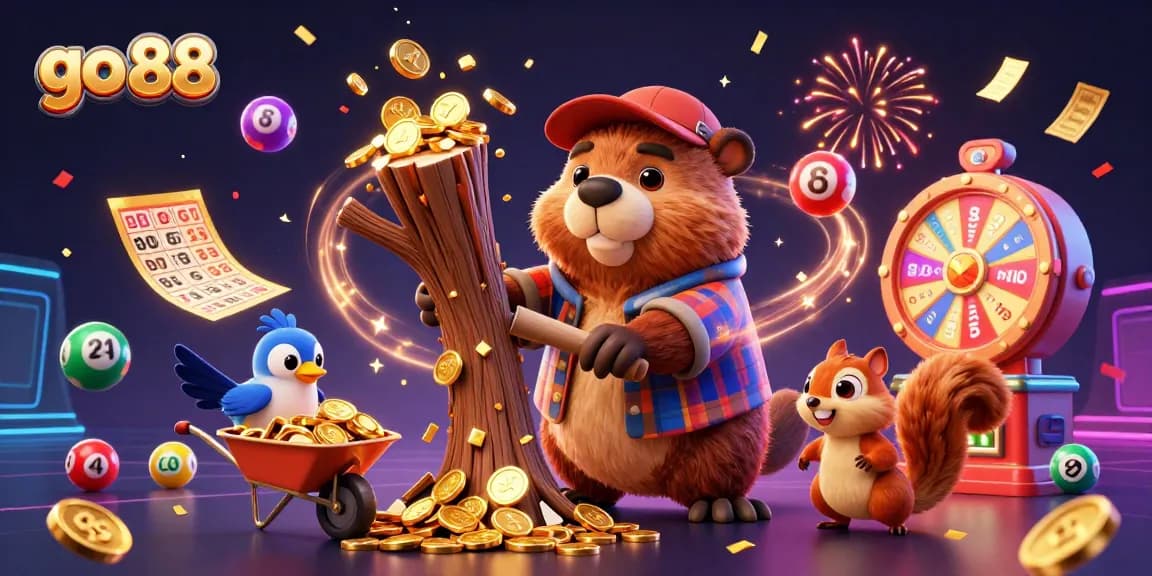 Experience the thrill of go 88 with a beaver character amidst a swarming scene of vibrant casino elements.
