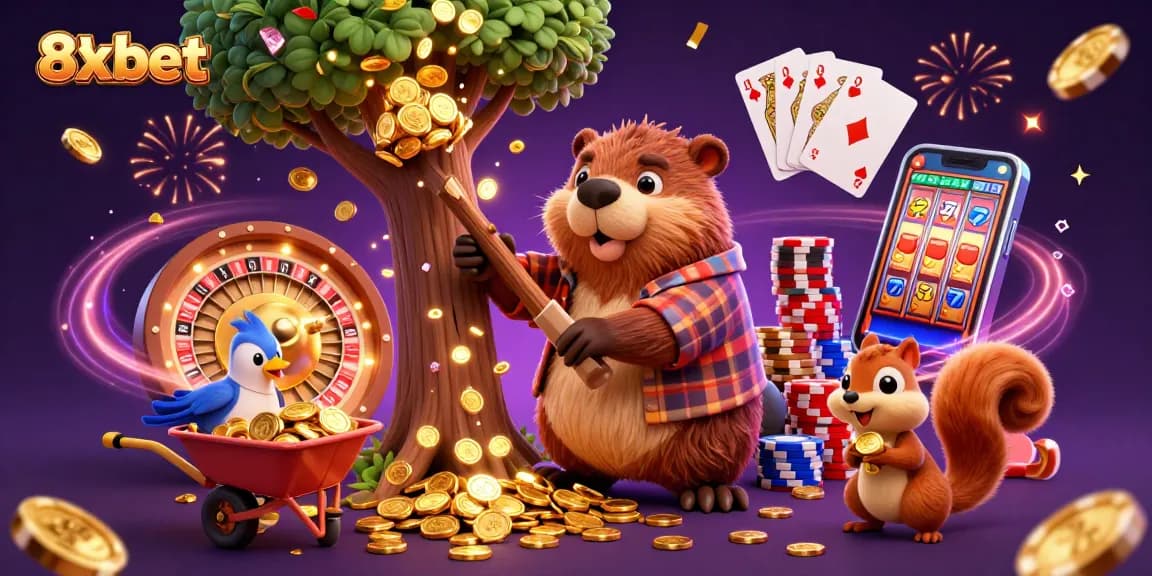 Join the excitement of 8xbet as a lumberjack beaver chops trees raining gold in this vibrant casino scene.