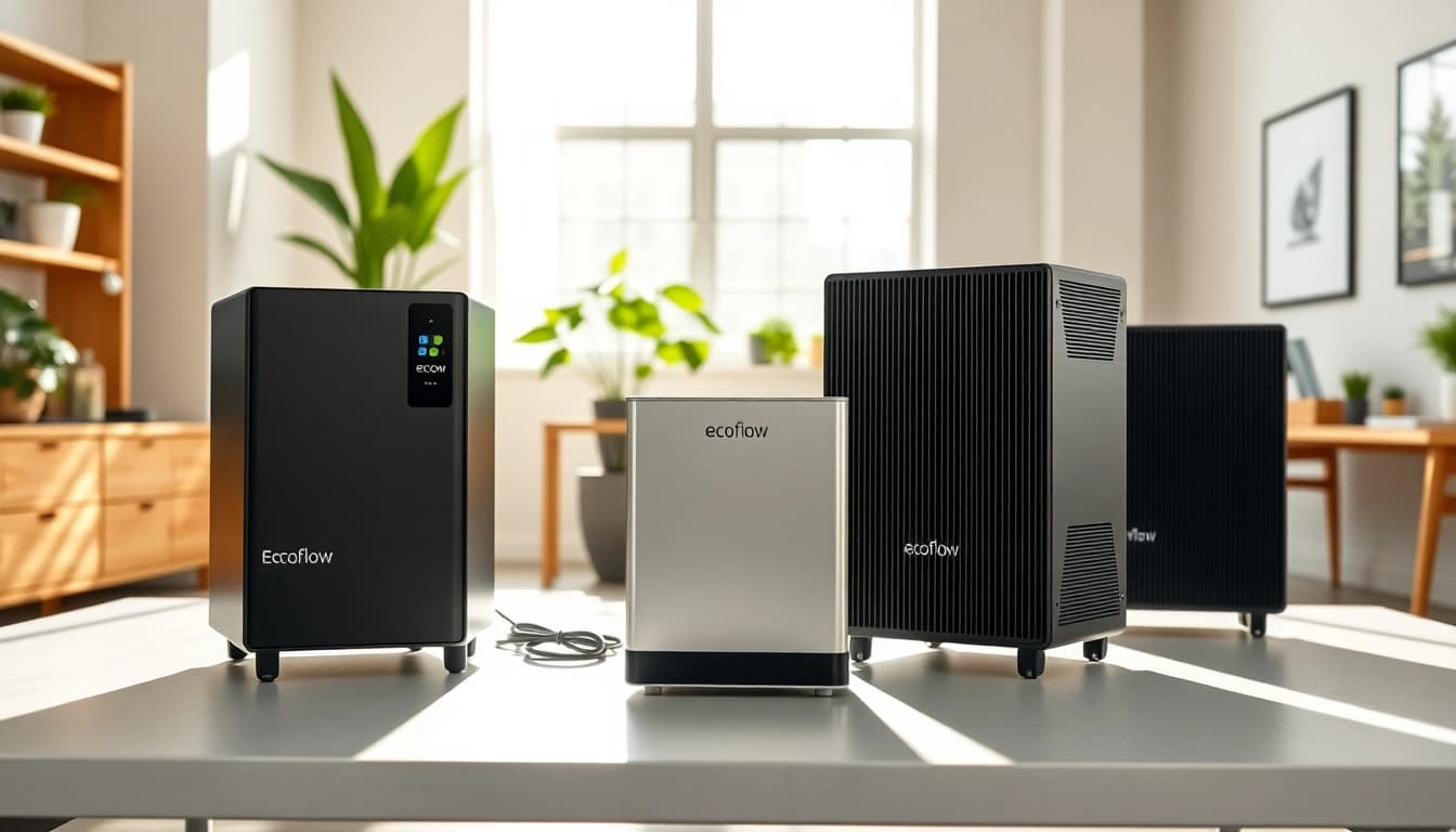 Showcase EcoFlow power solutions in an eco-friendly workspace emphasizing innovation and design.