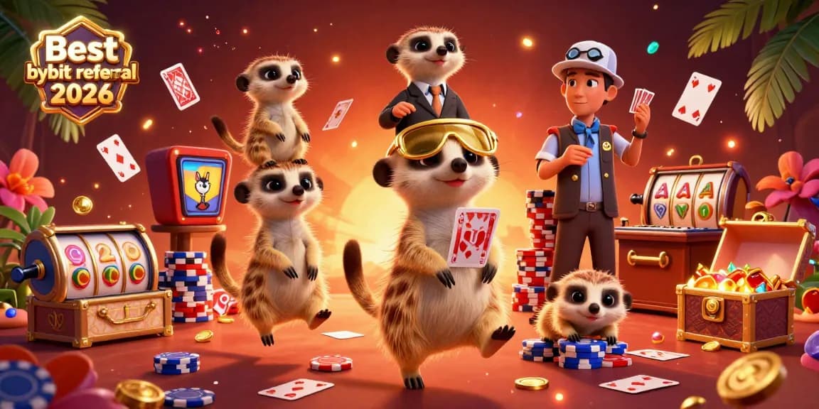 Engage with the Best bybit referral code 2026 in this vibrant casino scene showcasing dynamic meerkats and lively gambling elements.