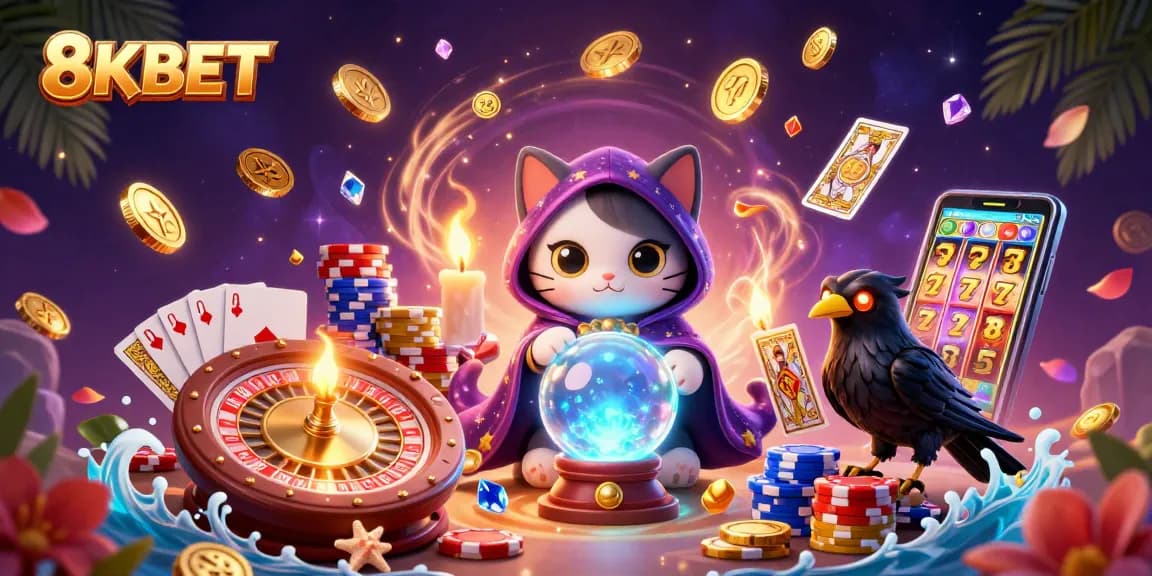 Experience gaming excitement with 8KBET's captivating characters, vibrant casino elements, and dynamic action.