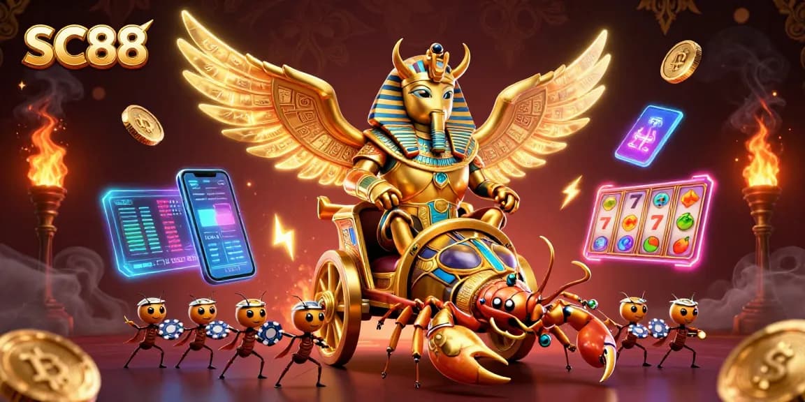 Play exciting games with SC88 featuring a colossal golden scarab and crypto coins in a vibrant casino scene.