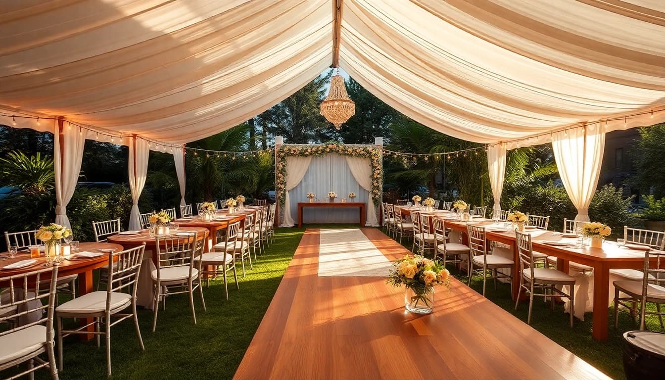 Elegant Wedding Tent Chair & Table Rentals set up under lush trees, creating a picturesque outdoor event.