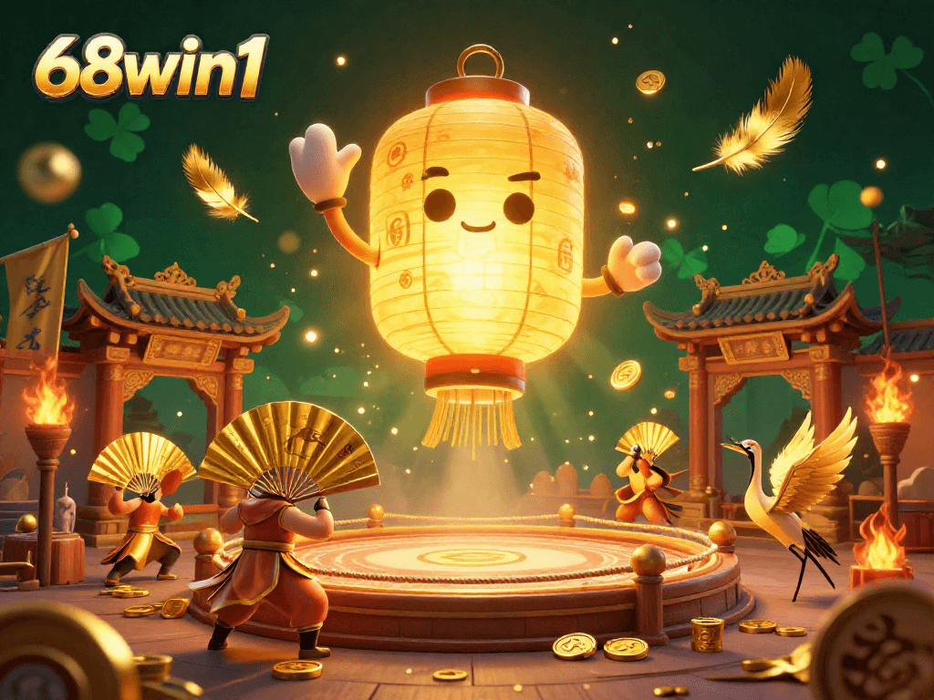 Experience the thrilling world of 68win1, featuring grand golden lanterns and vibrant betting tokens.