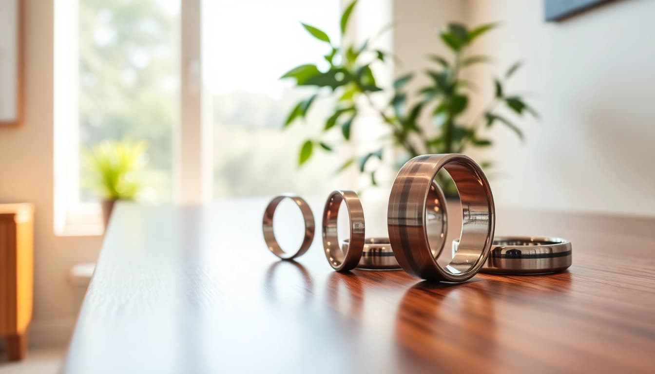 Admire Tungsten rings featuring smooth finishes and unique designs on a wooden counter.