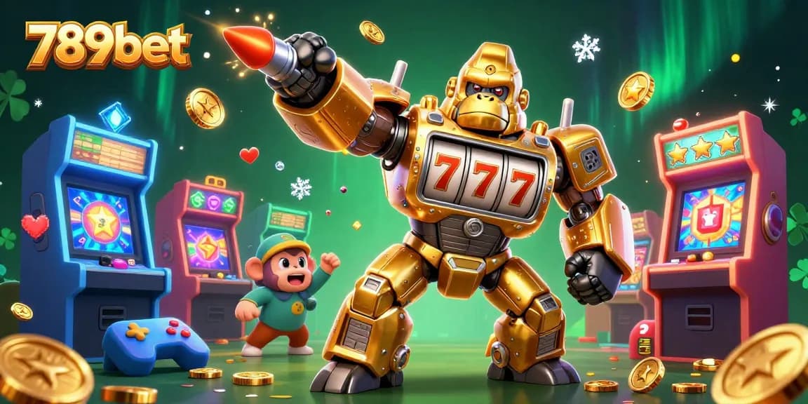 Engage with 789bet's thrilling slots experience featuring a golden gorilla mech in action