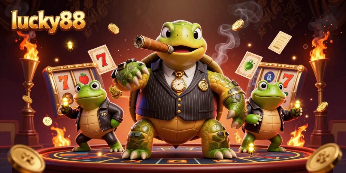 Engage with lucky88 slot excitement, featuring a massive turtle mobster and dynamic slot game elements.
