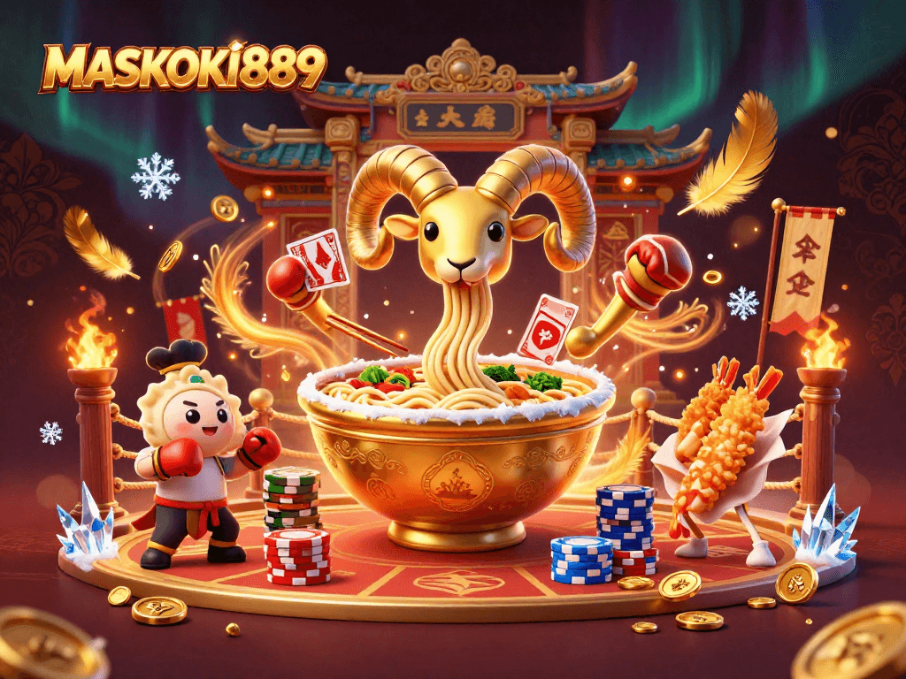 Engage with the thrilling scene of MASKOKI889 showcasing dynamic gambling elements and vibrant characters in action.