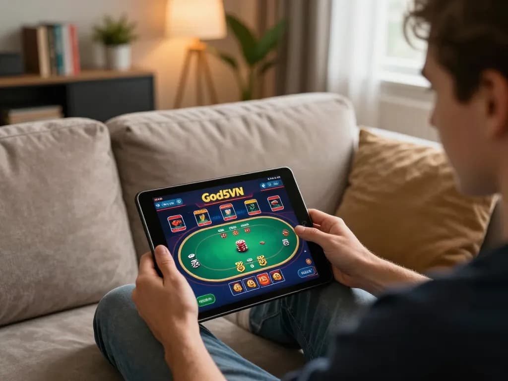Engaging in an exciting poker game at home using the God55VN platform on a tablet