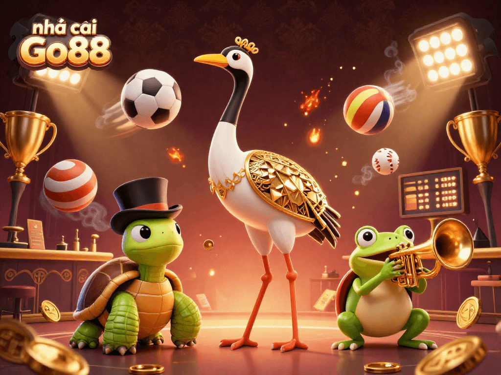 Engage with nhà cái Go88's vibrant casino scene featuring lively characters and dynamic sports elements.