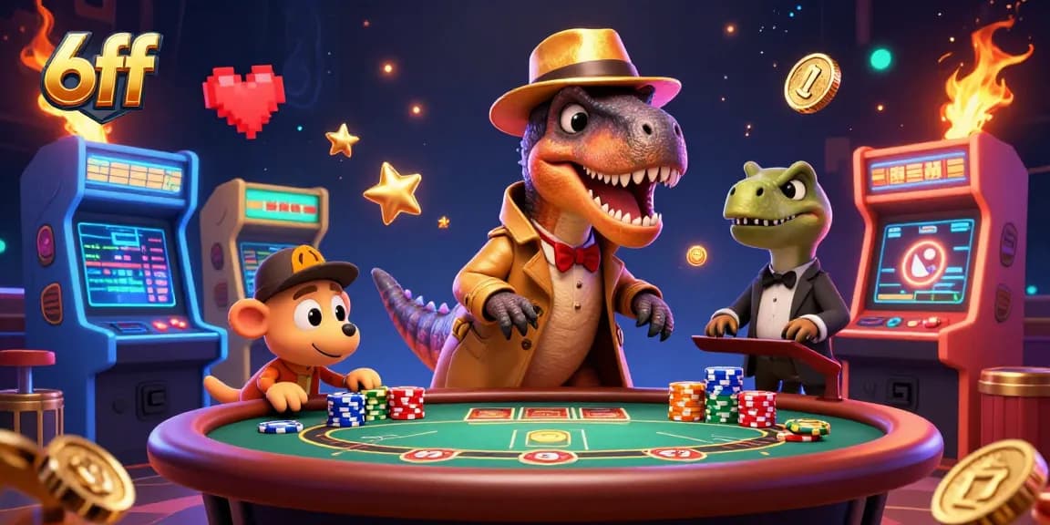 Experience thrilling casino action with 6ff, showcasing a velociraptor card counter at a blackjack table.