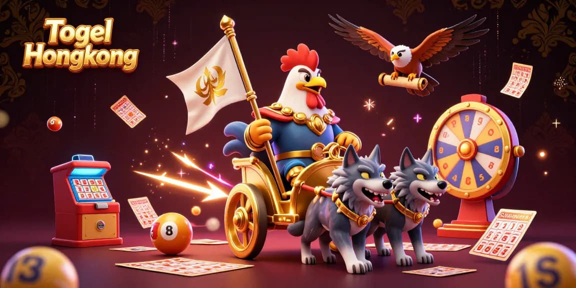 Togel Hongkong lottery action with a rooster warlord and vibrant game elements surrounding it.