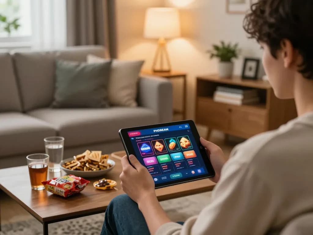 Playing at PHDREAM using GCash on a tablet in a cozy living room setting