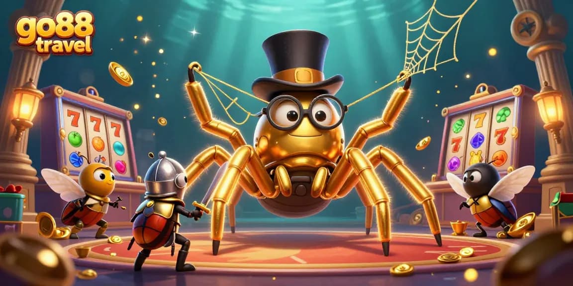 Experience go88 travel with an enchanting 3D scene featuring a golden tarantula weaving a web of gaming excitement.