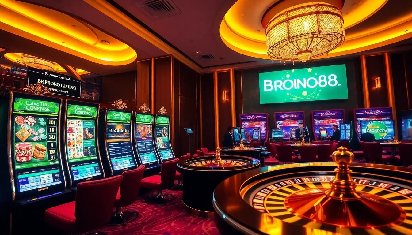 Engage with BROMO888's thrilling online casino experience featuring vibrant slot machines and poker chips.