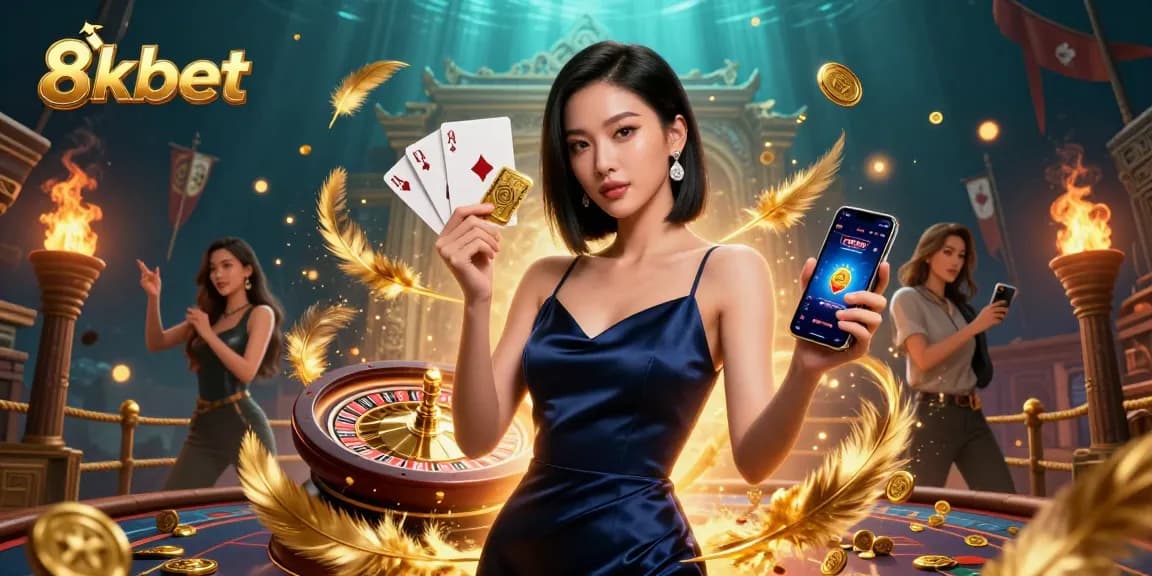 Engage with immersive 8xbet gaming experiences in a vibrant, detailed casino scene.