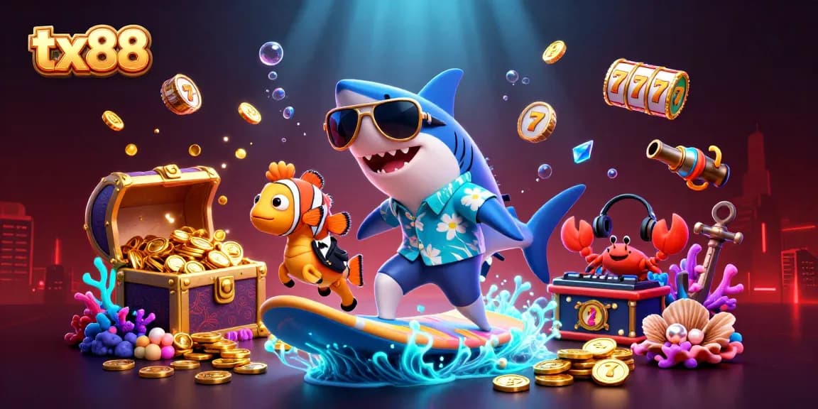 Surf with tx88's hammer-head shark on gold coins while enjoying vibrant casino elements.