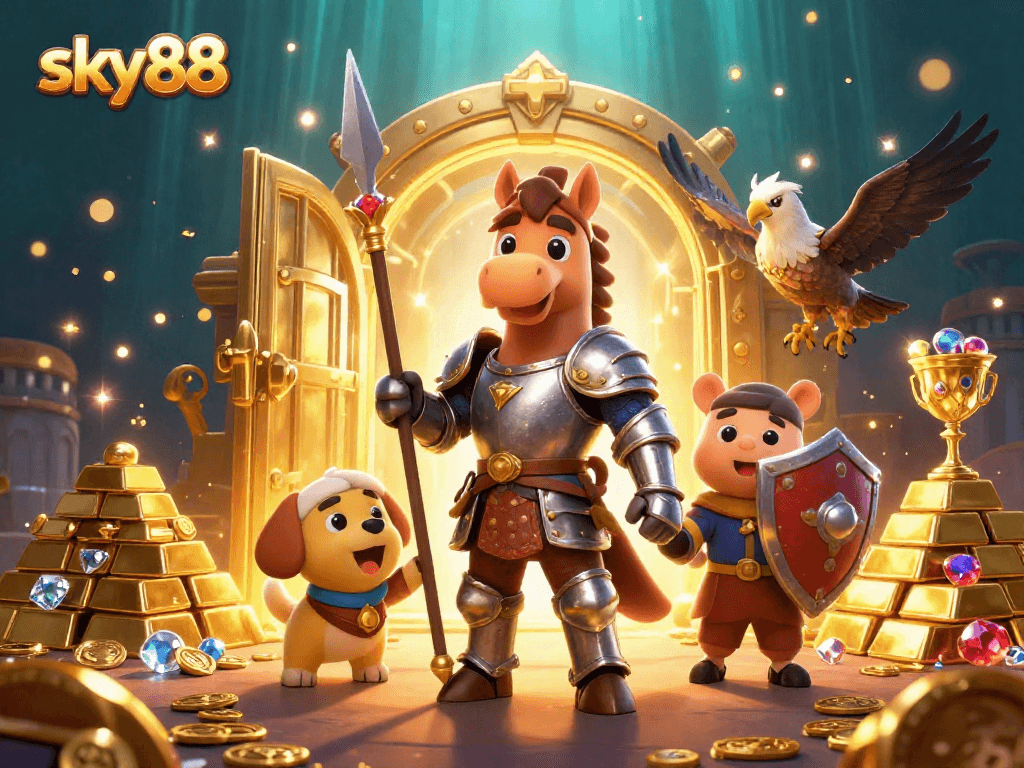 Experience the excitement with sky88's vibrant treasure-laden scene featuring knights and dazzling jewels.