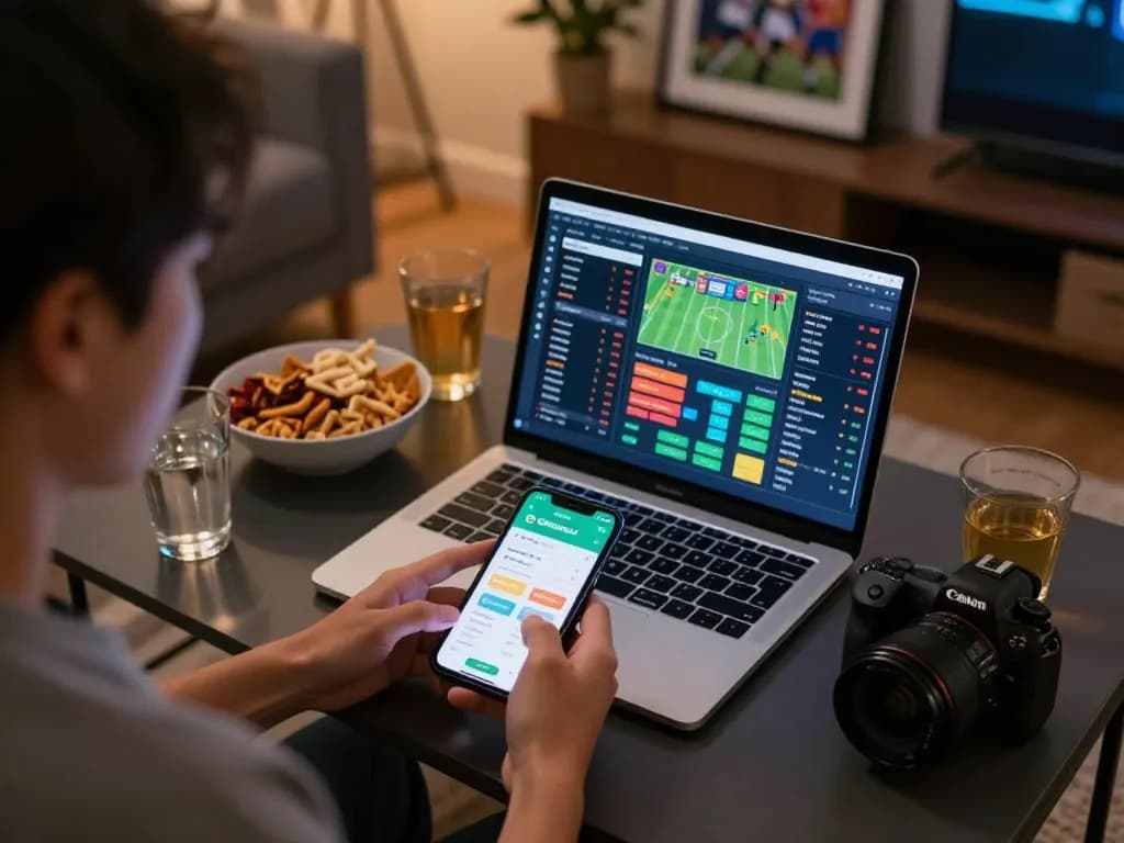 Person using BONGDALU app for sports betting analysis at home with laptop and snacks.