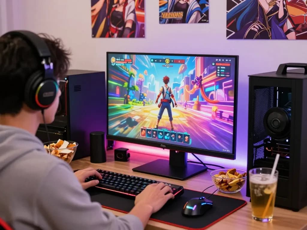 Player enjoying immersive hentai games on a vibrant monitor with gaming setup elements.