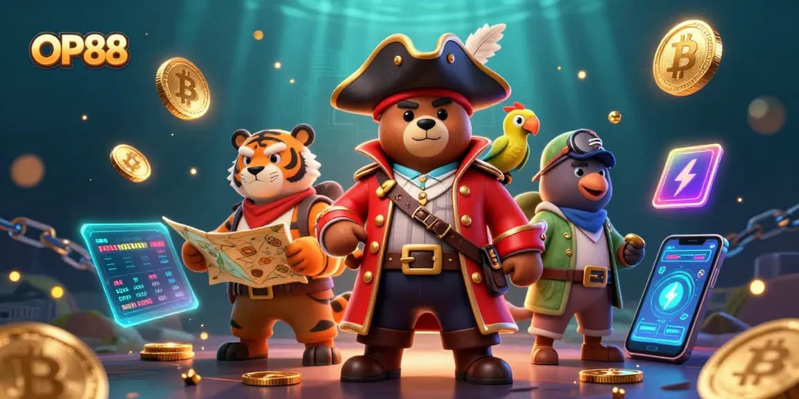 Engage in exciting gaming at OP88 with a vibrant scene featuring a pirate captain bear and crypto elements.