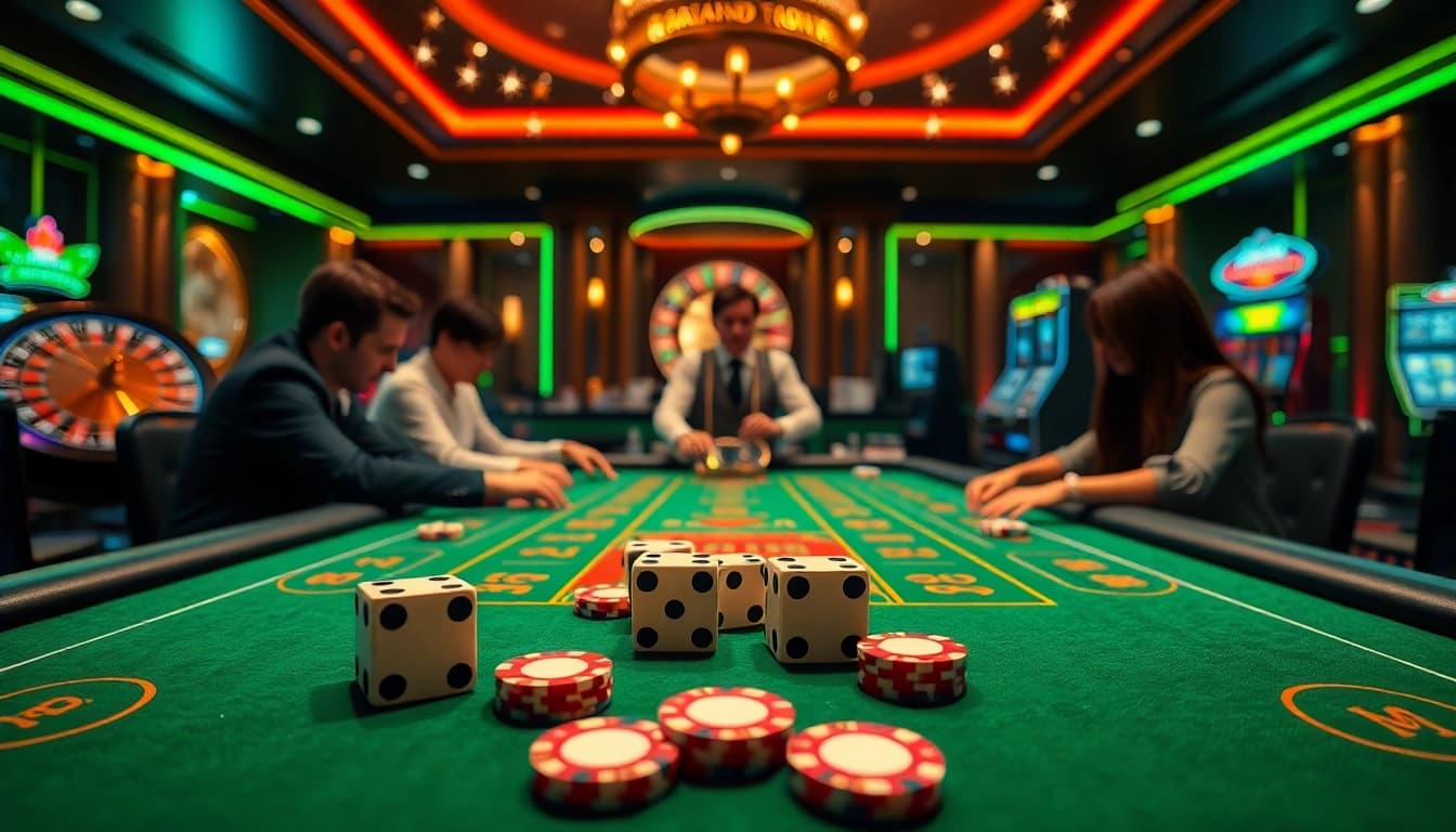 Tài xỉu MD5 game table with illuminated dice and poker chips, showcasing a thrilling casino environment.