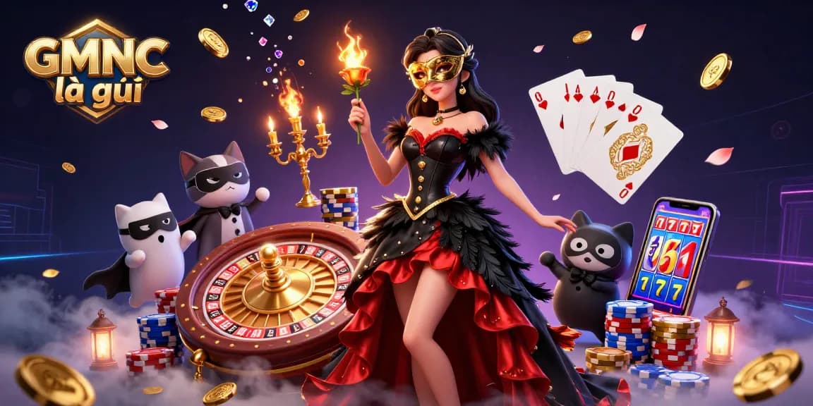 Engaging in the thrill of GMNC là gì with floating gems, golden coins, and dynamic casino elements.