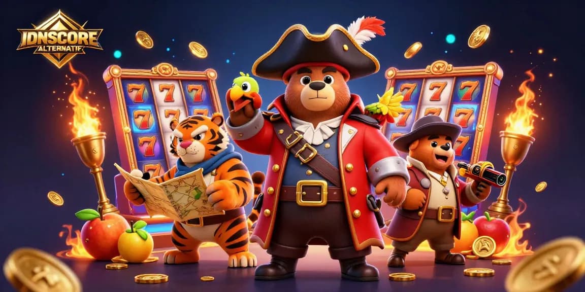 Engage with IDNSCORE ALTERNATIF in this immersive slot game scene featuring vibrant characters and dynamic elements.