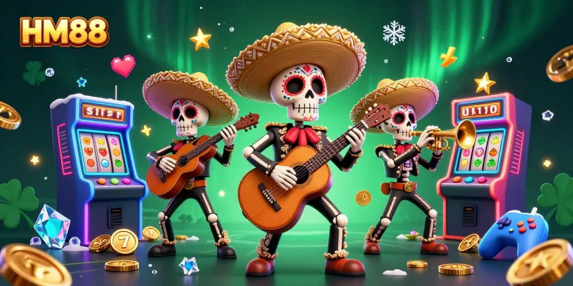 Experience the thrill of HM88 with a vibrant casino atmosphere featuring a mariachi band and colorful slot machines.