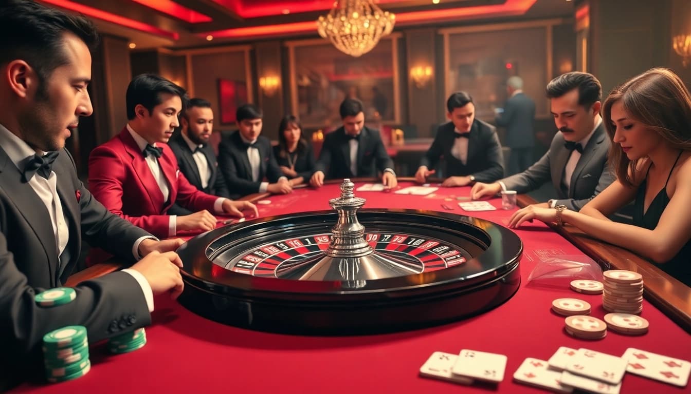 Experience thrilling gameplay at FB88 with an elegant roulette table, luxurious chips, and excited players.